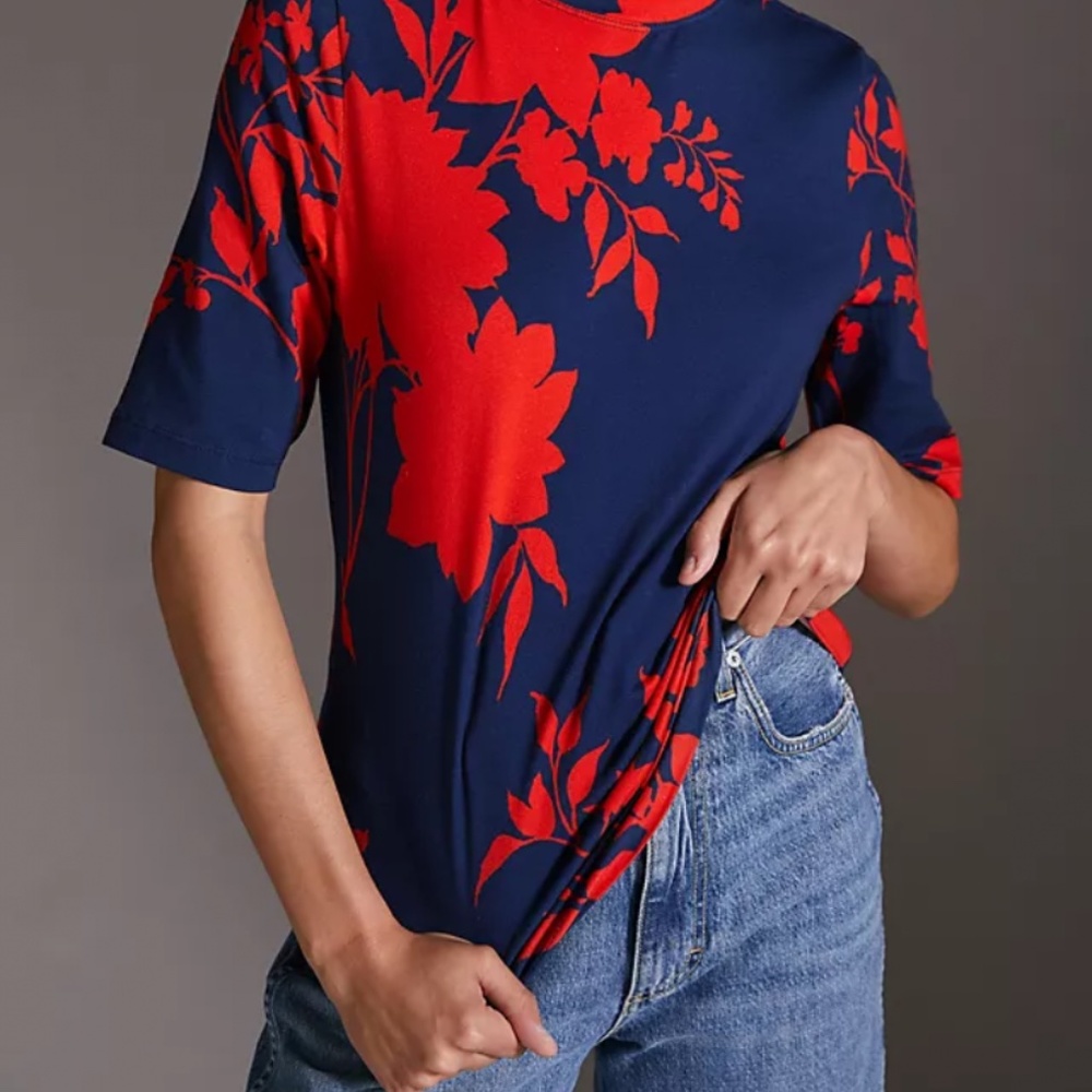 Anthropologie Navy Floral Tee with Red Blooms